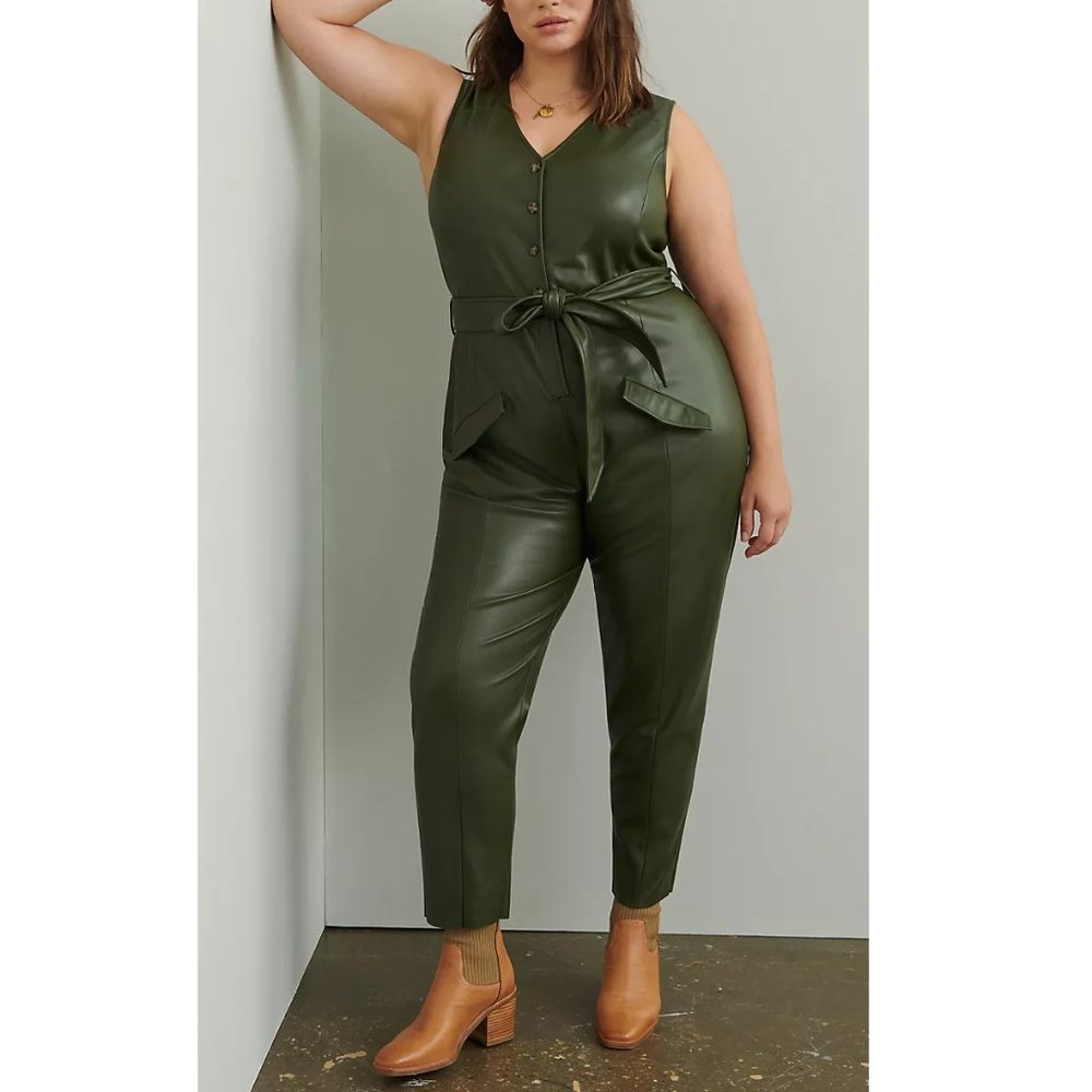 Anthropologie Avec Les Filles Adrian Faux Leather Jumpsuit Olive Green 3X